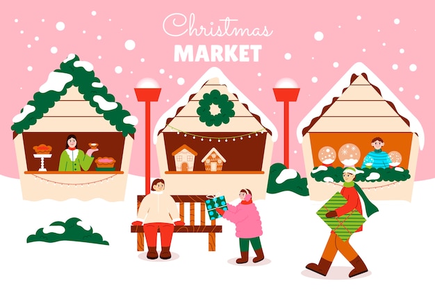 Handgetekende platte kerstmarktillustratie