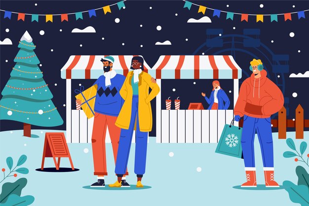 Handgetekende platte kerstmarktillustratie