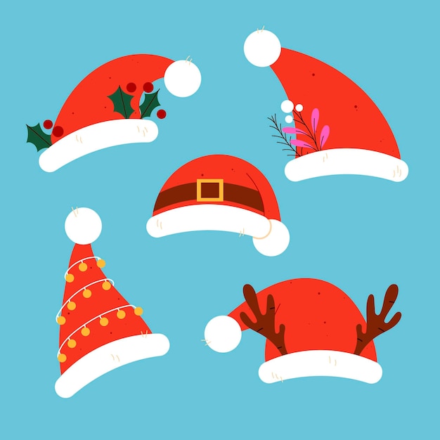 Gratis vector handgetekende platte kerstmuts collectie