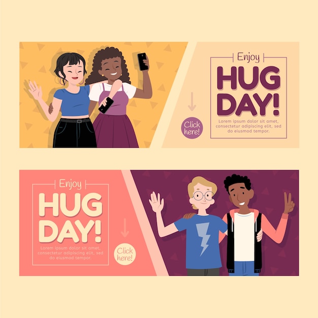 Gratis vector handgetekende platte knuffel dag horizontale banners set