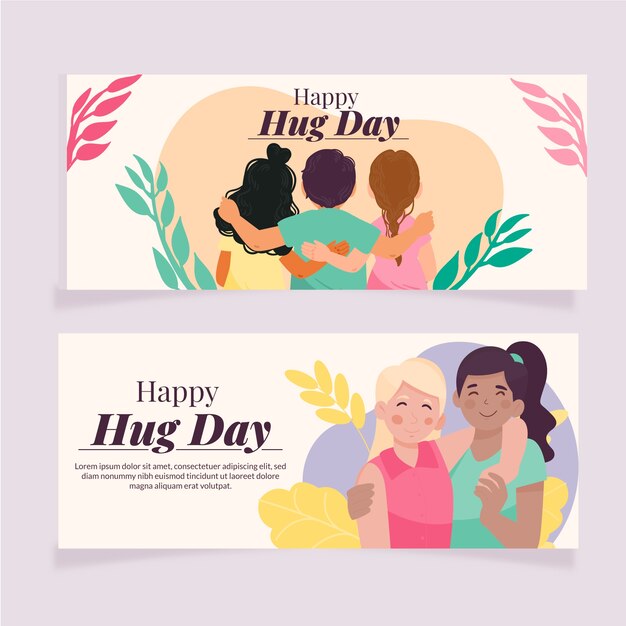 Gratis vector handgetekende platte knuffel dag horizontale banners set