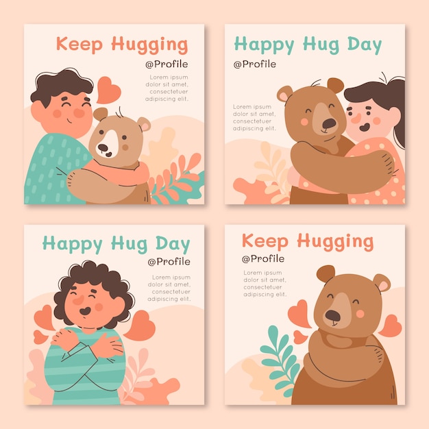 Gratis vector handgetekende platte knuffeldag instagram posts collectie