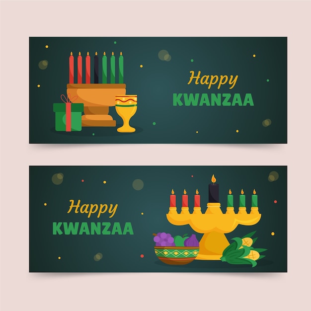 Gratis vector handgetekende platte kwanzaa horizontale banners set