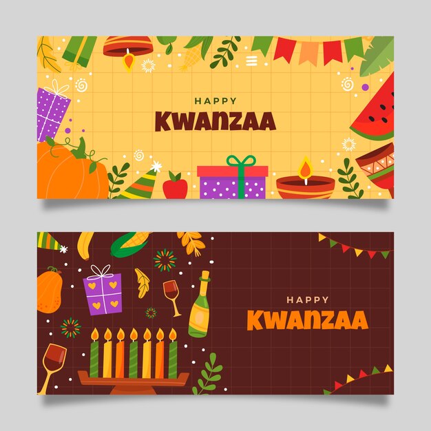 Handgetekende platte kwanzaa horizontale banners set
