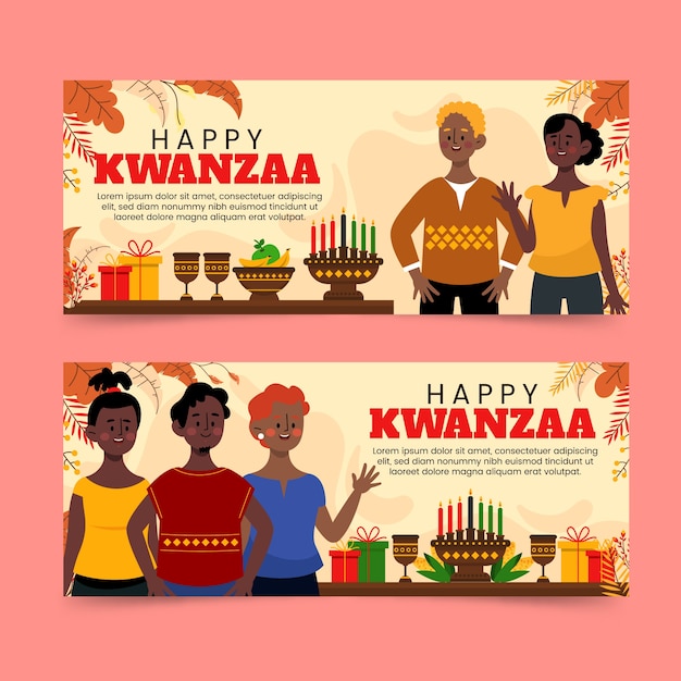 Handgetekende platte kwanzaa horizontale bannerset