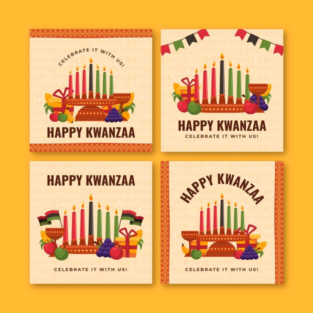 Handgetekende platte kwanzaa instagram posts collectie