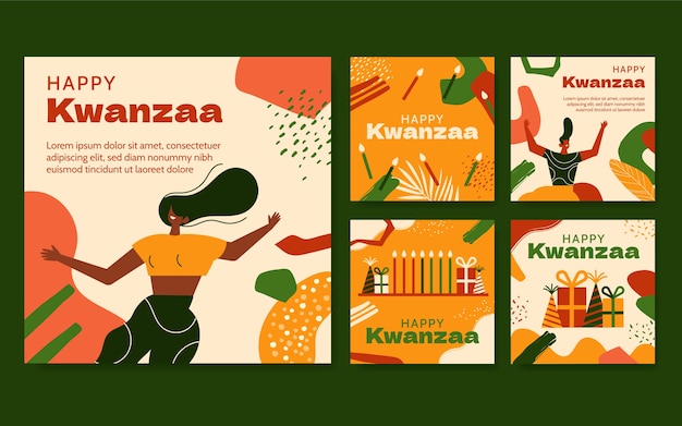 Handgetekende platte kwanzaa instagram posts collectie