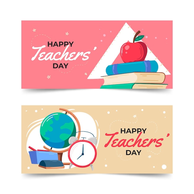 Gratis vector handgetekende platte lerarendag horizontale banners set