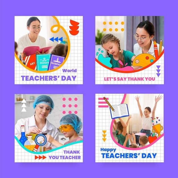 Gratis vector handgetekende platte lerarendag instagram posts collectie met foto