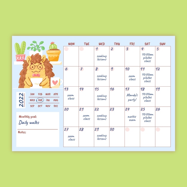 Handgetekende platte maandelijkse planner kalender