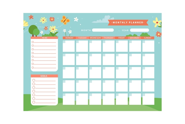 Handgetekende platte maandelijkse planner kalender
