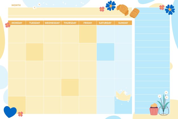 Handgetekende platte maandelijkse planner kalender