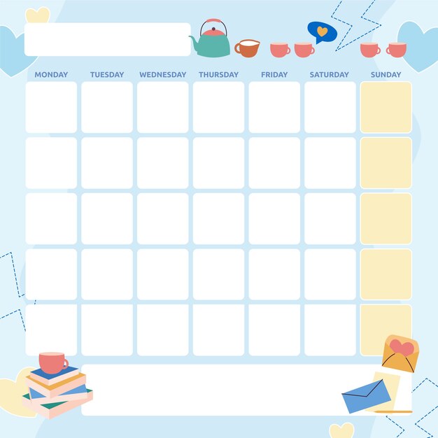 Handgetekende platte maandelijkse planner kalender