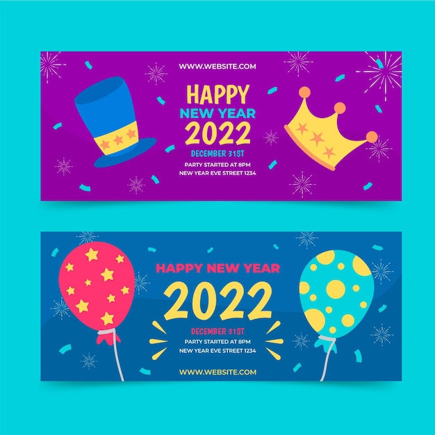 Handgetekende platte nieuwe jaar horizontale banners set