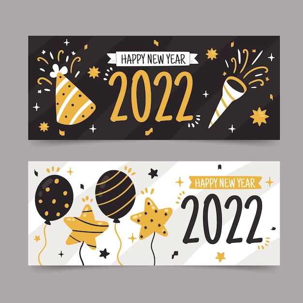 Gratis vector handgetekende platte nieuwe jaar horizontale banners set