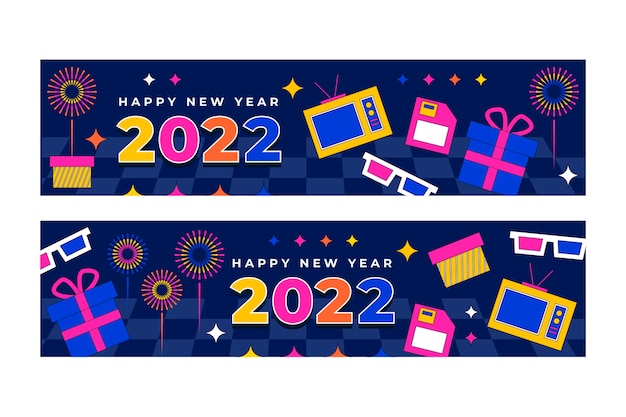 Gratis vector handgetekende platte nieuwe jaar horizontale banners set