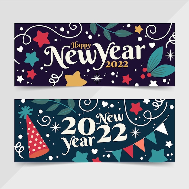 Gratis vector handgetekende platte nieuwe jaar horizontale banners set