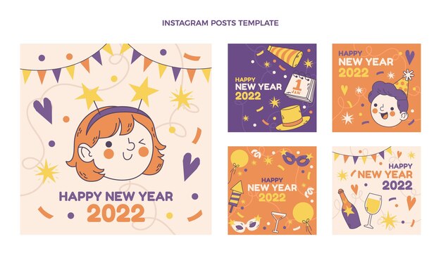 Handgetekende platte nieuwjaar instagram posts collectie