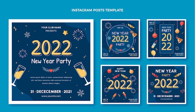 Handgetekende platte nieuwjaar instagram posts collectie