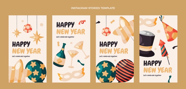 Handgetekende platte nieuwjaar instagram verhalencollectie