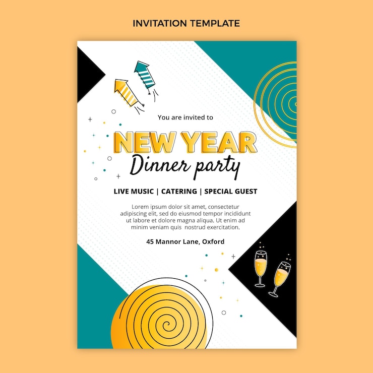 Gratis Vector handgetekende platte nieuwjaarsuitnodigingssjabloon