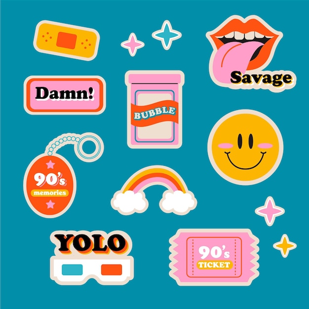 Gratis vector handgetekende platte nostalgische badges uit de jaren 90