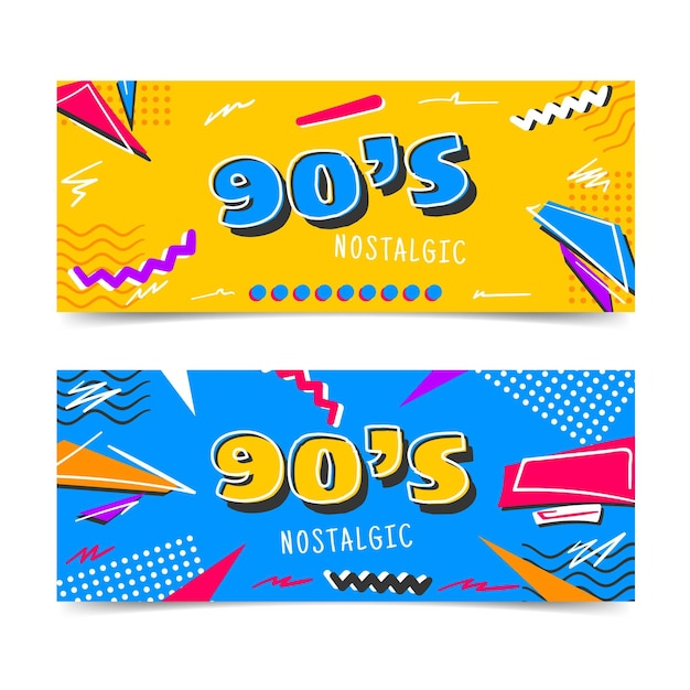 Handgetekende platte nostalgische jaren 90 horizontale banners set