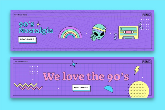 Handgetekende platte nostalgische jaren 90 horizontale banners set