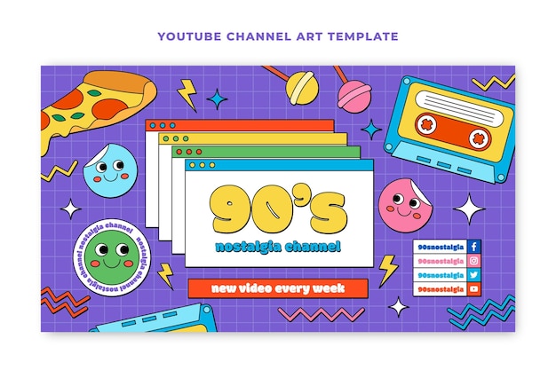 Handgetekende platte nostalgische youtube-kanaalkunst uit de jaren 90