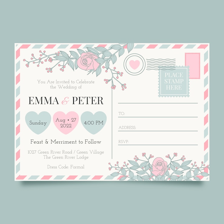 Gratis Vector handgetekende platte ontwerp briefkaart huwelijksuitnodigingen