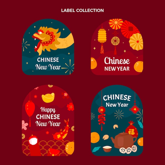 Gratis vector handgetekende platte ontwerp chinees nieuwjaar etiketten en insignes