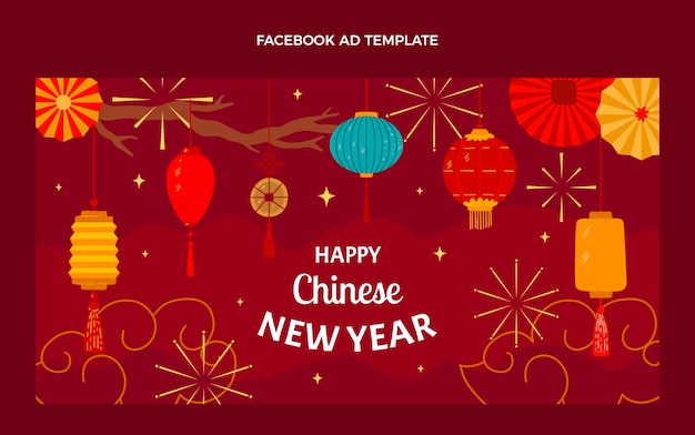 Handgetekende platte ontwerp Chinees nieuwjaar facebook advertentie