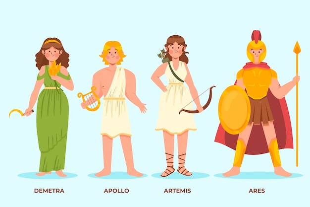 Handgetekende platte ontwerp Griekse mythologie karaktercollectie