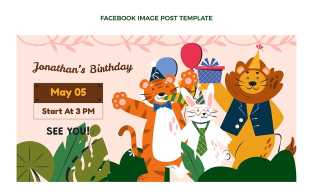 Handgetekende platte ontwerp jungle verjaardagsfeestje facebook cover