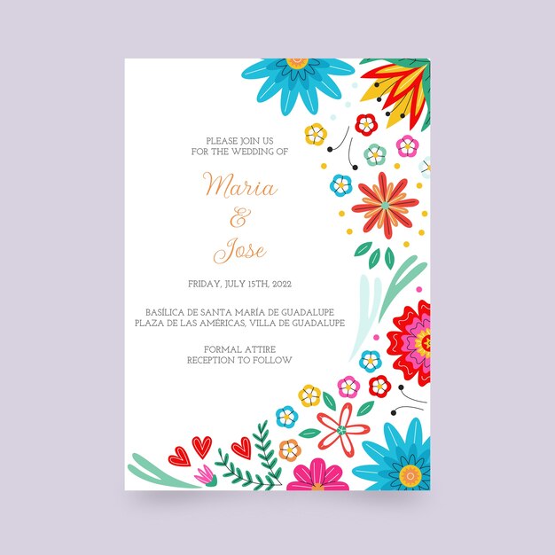 Handgetekende platte ontwerp Mexicaanse huwelijksuitnodiging
