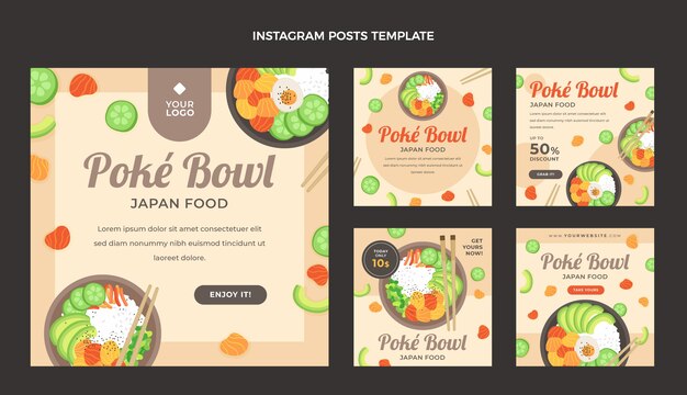 Handgetekende platte ontwerp poke instagram postcollectie