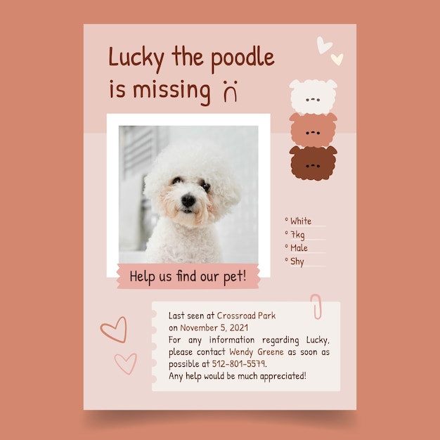 Gratis vector handgetekende platte ontwerp schattige gelukkige verloren hond poster