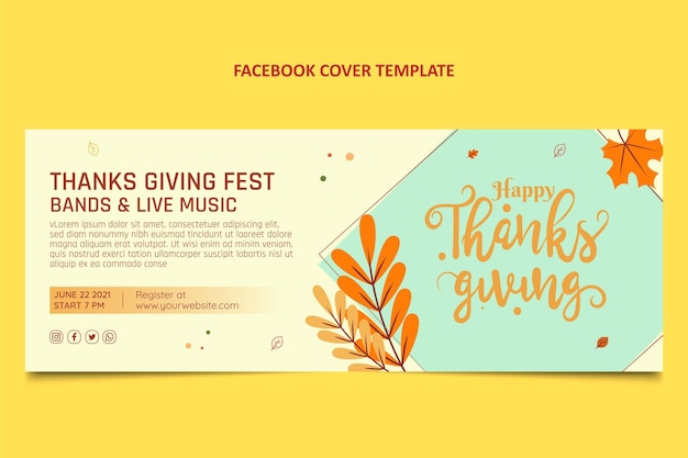 Handgetekende platte ontwerp thanksgiving facebook-omslag