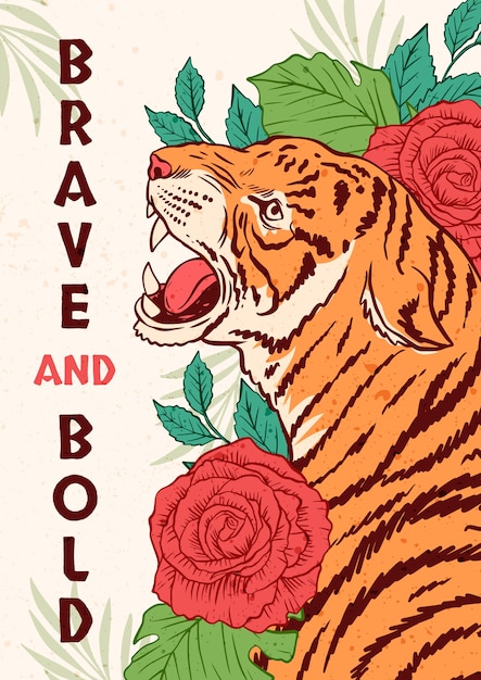 Gratis vector handgetekende platte ontwerp tijger met belettering poster