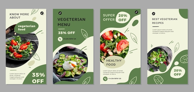 Handgetekende platte ontwerp vegetarisch eten instagramverhalen