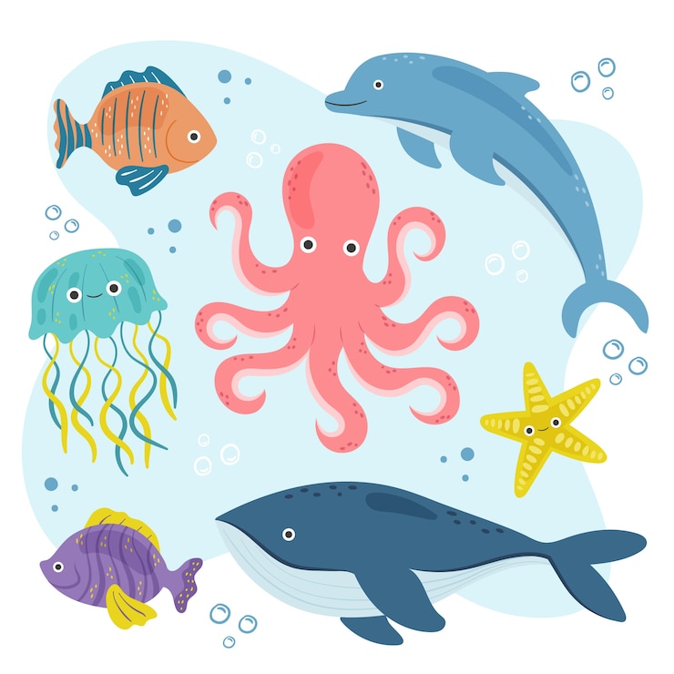 Gratis Vector handgetekende platte ontwerp zee-dieren collectie