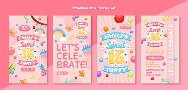 Gratis vector handgetekende platte ontwerpsjabloon sweet 16