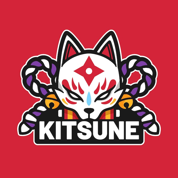 Handgetekende platte ontwerpsjabloon voor kitsune-logo