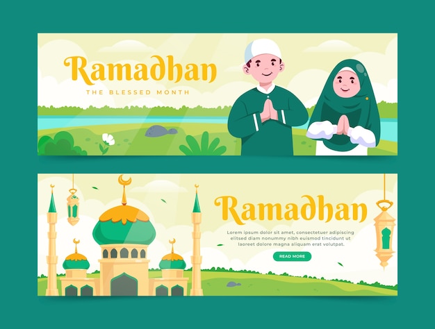 Handgetekende platte ramadan horizontale banner