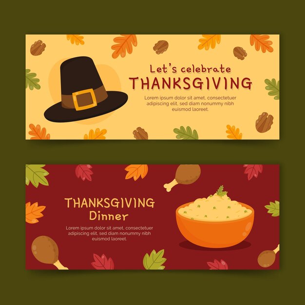 Gratis vector handgetekende platte thanksgiving horizontale banners set