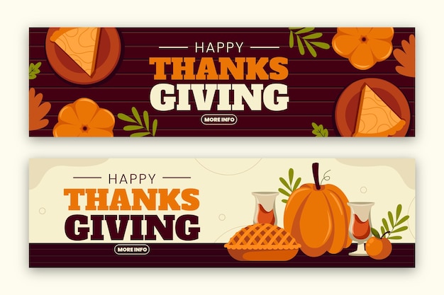 Handgetekende platte thanksgiving horizontale banners set