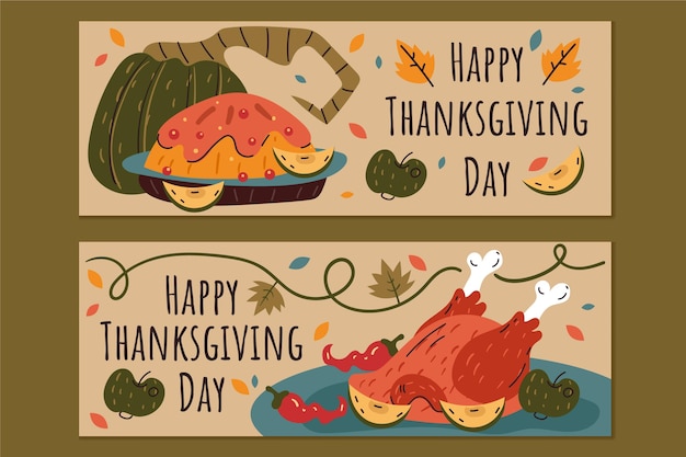 Gratis vector handgetekende platte thanksgiving horizontale banners set