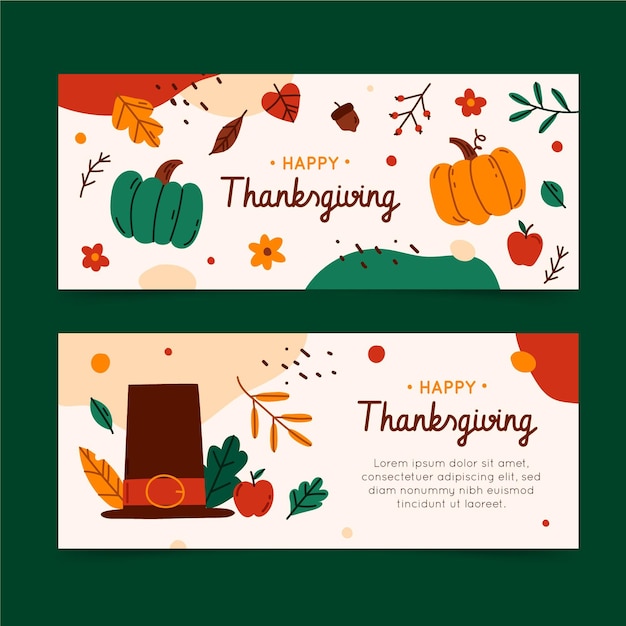 Handgetekende platte thanksgiving horizontale banners set