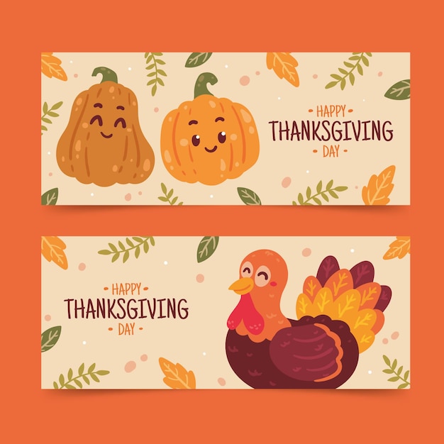 Gratis vector handgetekende platte thanksgiving horizontale banners set