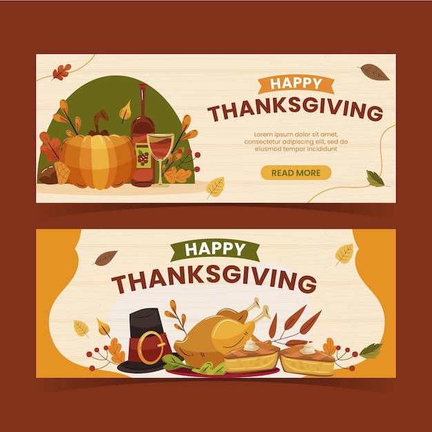 Gratis vector handgetekende platte thanksgiving horizontale banners set